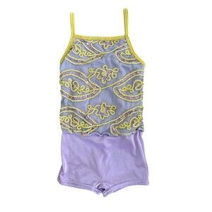 Girls Purple and‎ Gold Sequin Leotard Shorts Adjustable Straps Size Child XS